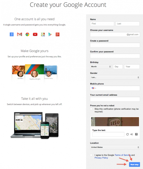 image of creating a google account
